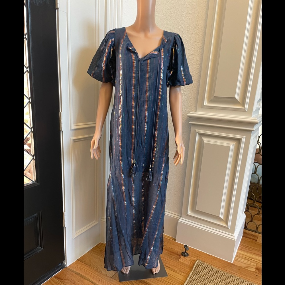 Bohemian style maxi dress in navy with shiny multicolor vertical stripes. Size S